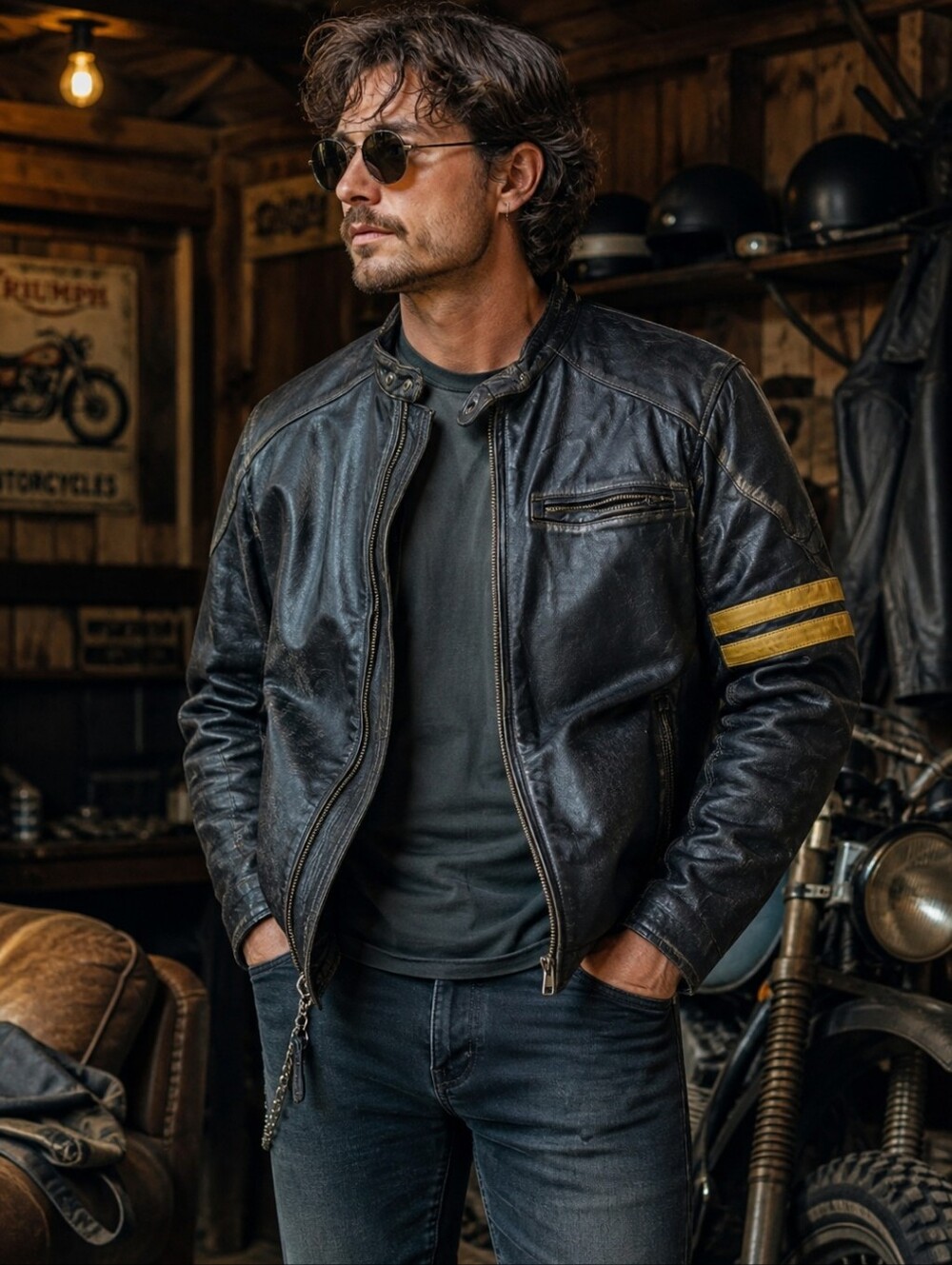 Vintage Distressed Black Leather Cafe Racer Motorcycle Jacket Large